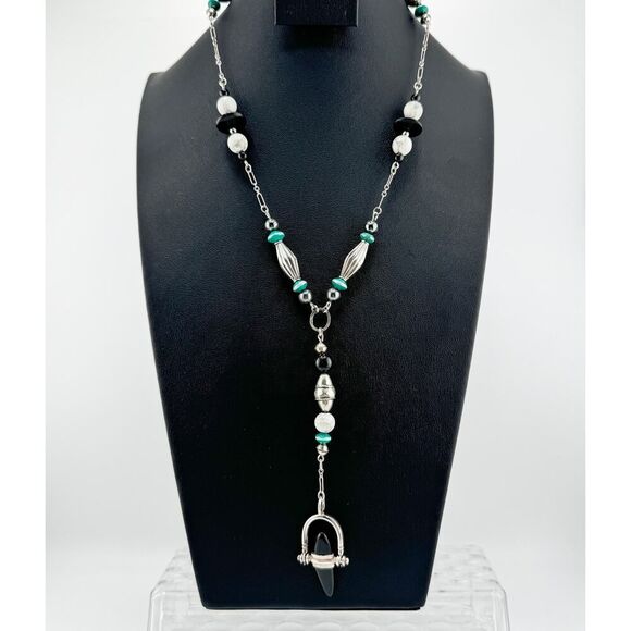 Turquoise Howlite Obsidian Silver Vintage Necklace Retro 80s Handmade Artisan - Picture 2 of 11
